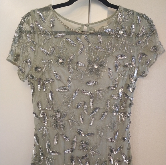 Adrianna Papell Light Green Beaded Sequin Short Sleeve Gown. 091897242. 8 Petite - Picture 2 of 8